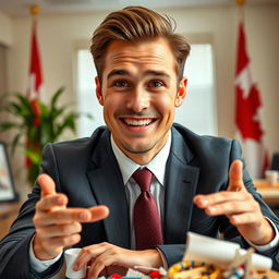 A lifelike, hyper-realistic portrait of a charismatic male politician resembling a young adult, in a suit, with striking features, engaged in a humorous or playful manner