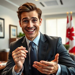 A lifelike, hyper-realistic portrait of a charismatic male politician resembling a young adult, in a suit, with striking features, engaged in a humorous or playful manner