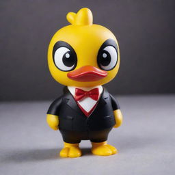 Create a more character-accurate rendition of Lucifer from Hazbin Hotel as a rubber duck. Capture his distinctive features like facial expressions, suit vest, staff, and the devilish charm while still maintaining the rubber duck form.