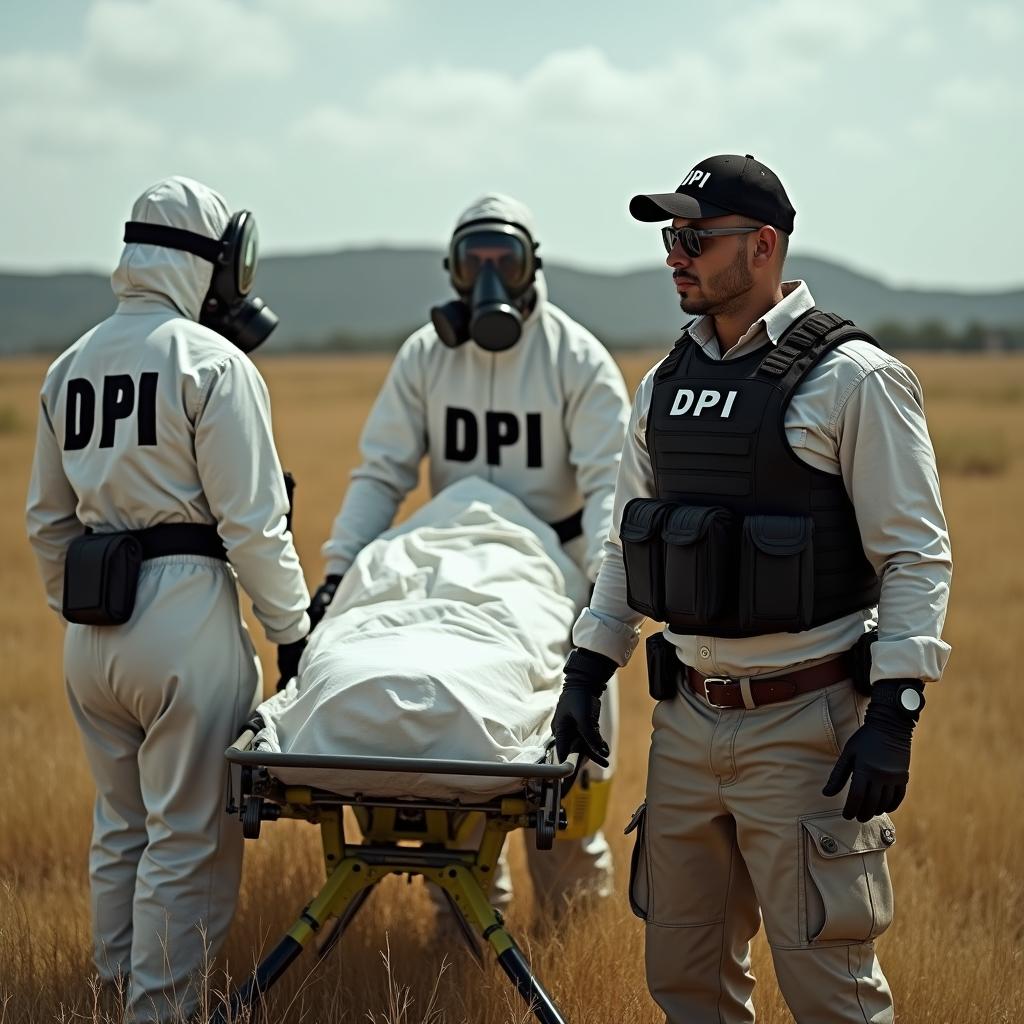 Two investigators dressed in full personal protective equipment (PPE) with bold black letters 'DPI' on the back, wearing gas masks, carefully transporting a covered alien body on a stretcher in an open field