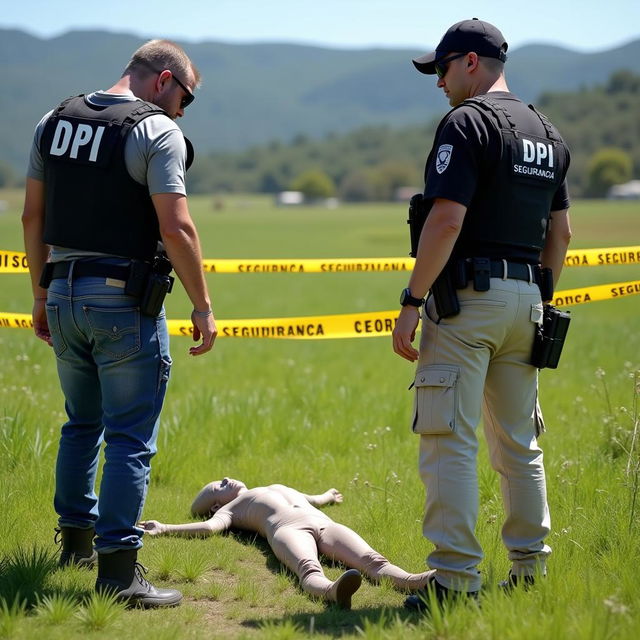 Two investigators dressed in black investigator vests marked 'DPI' in white letters on the back, wearing either denim or cream-colored pants with pockets, intently examining an alien body lying on the ground in a field