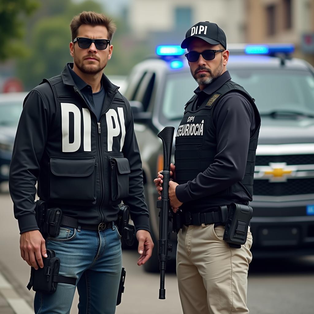 A scene featuring a researcher wearing a black investigation vest marked 'DPI' in bold white letters across the back, paired with denim or cream-colored pants that have multiple pockets