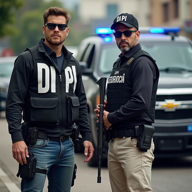 A scene featuring a researcher wearing a black investigation vest marked 'DPI' in bold white letters across the back, paired with denim or cream-colored pants that have multiple pockets