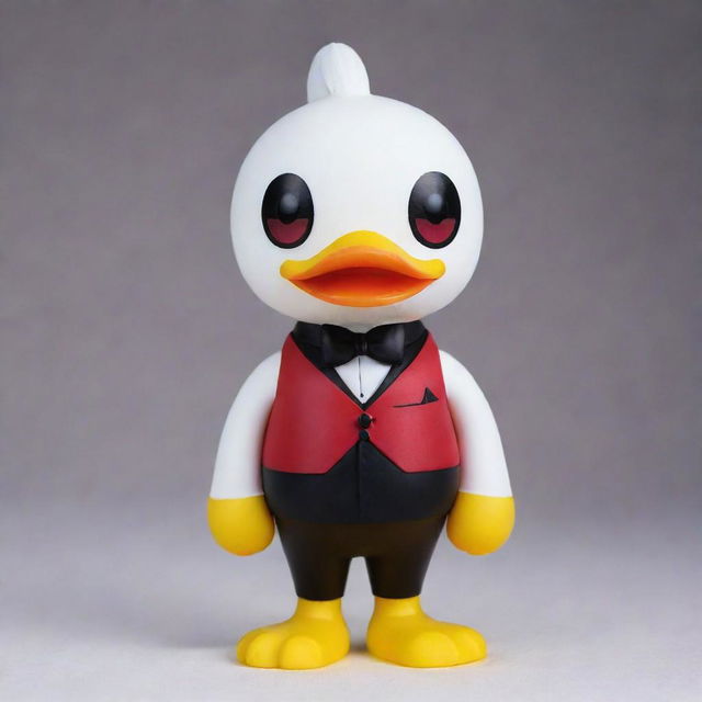 Create a more character-accurate rendition of Lucifer from Hazbin Hotel as a rubber duck. Capture his distinctive features like facial expressions, suit vest, staff, and the devilish charm while still maintaining the rubber duck form.