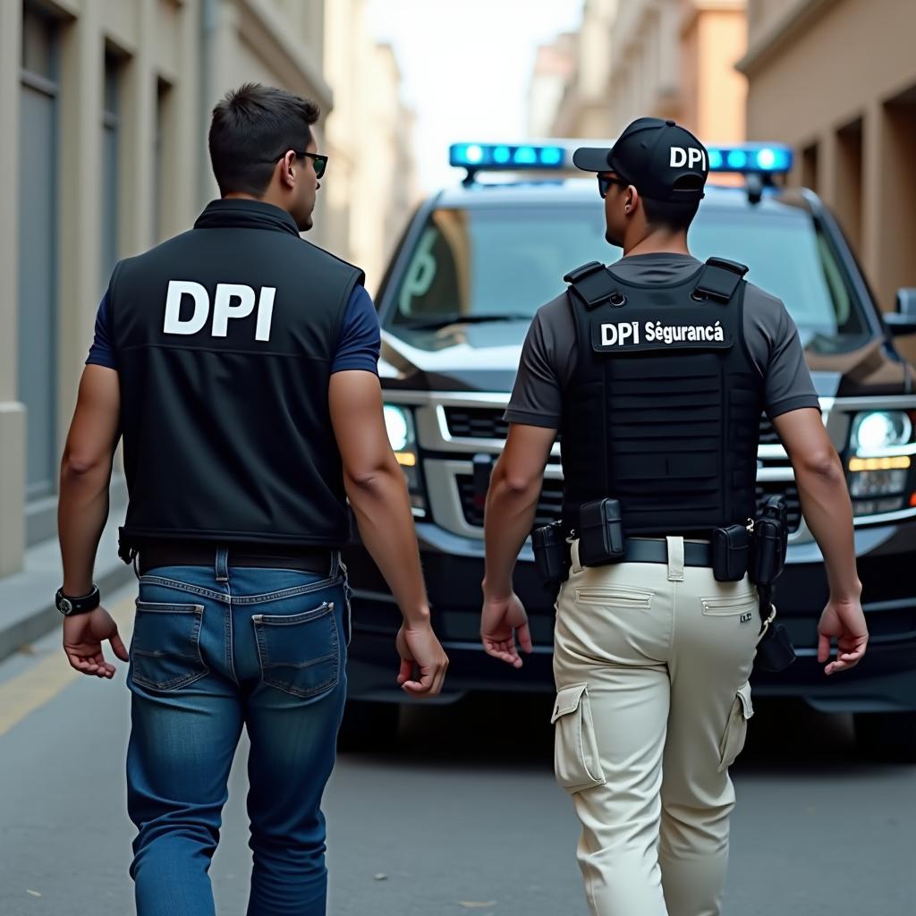 A scene depicting an investigator wearing a black investigation vest with bold white letters 'DPI' prominently displayed on the back, paired with either blue jeans or cream-colored pants featuring pockets