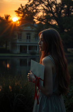 A serene and emotional scene depicting an old colonial house by a tranquil lake at sunset, surrounded by soft trees with lush green foliage