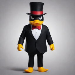 Recreate the image of the rubber duck version of Lucifer from Hazbin Hotel but this time, add his distinctive hat to the design. Maintain other character features like suit vest, staff, and devilish charm.