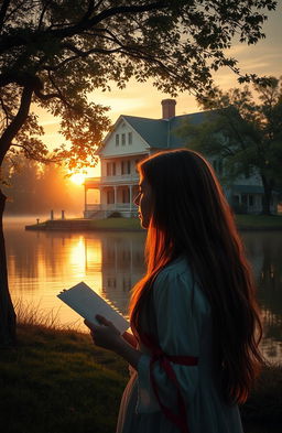 A serene and emotional scene depicting an old colonial house by a tranquil lake at sunset, surrounded by soft trees with lush green foliage