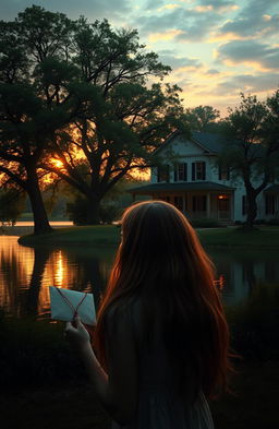 A serene and emotional scene depicting an old colonial house by a tranquil lake at sunset, surrounded by soft trees with lush green foliage