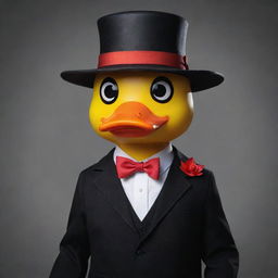 Recreate the image of the rubber duck version of Lucifer from Hazbin Hotel but this time, add his distinctive hat to the design. Maintain other character features like suit vest, staff, and devilish charm.