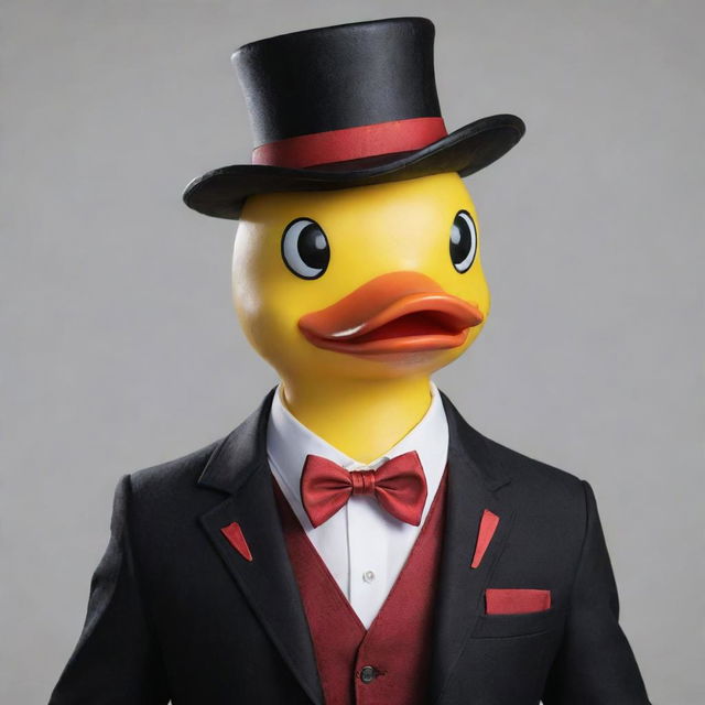 Recreate the image of the rubber duck version of Lucifer from Hazbin Hotel but this time, add his distinctive hat to the design. Maintain other character features like suit vest, staff, and devilish charm.