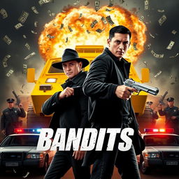 A dramatic movie poster featuring two bandits in the center