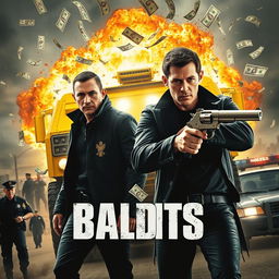 A dramatic movie poster featuring two bandits in the center