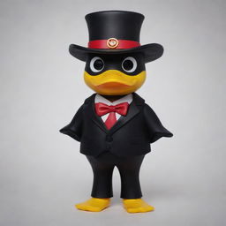 Recreate the image of the rubber duck version of Lucifer from Hazbin Hotel but this time, add his distinctive hat to the design. Maintain other character features like suit vest, staff, and devilish charm.