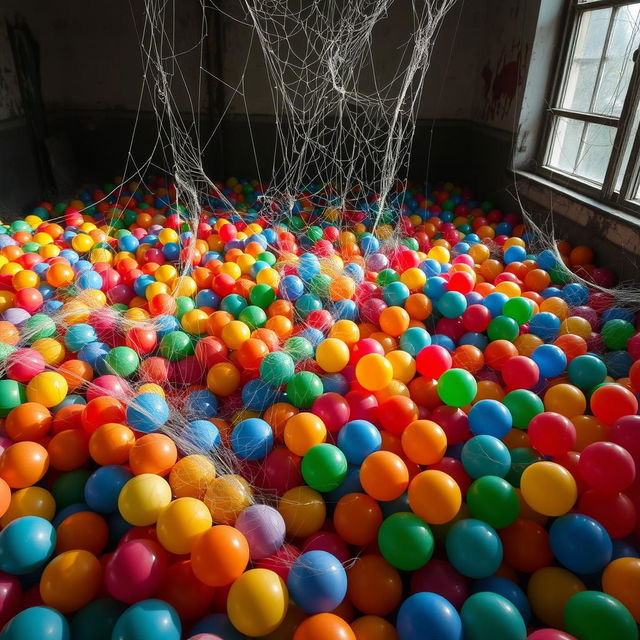 An indoor ball pit filled with colorful plastic balls of various sizes, creating a vibrant and playful atmosphere