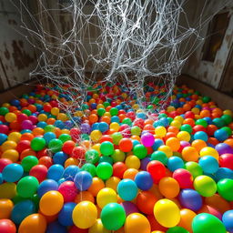 An indoor ball pit filled with colorful plastic balls of various sizes, creating a vibrant and playful atmosphere