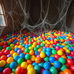 An indoor ball pit filled with colorful plastic balls of various sizes, creating a vibrant and playful atmosphere