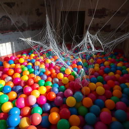 An indoor ball pit filled with colorful plastic balls of various sizes, creating a vibrant and playful atmosphere