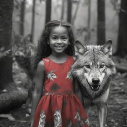 A detailed black and white image of a fierce wolf, contrasted by a small Melanesian girl in a vibrant red dress smiling sweetly in an enchanting forest scene.