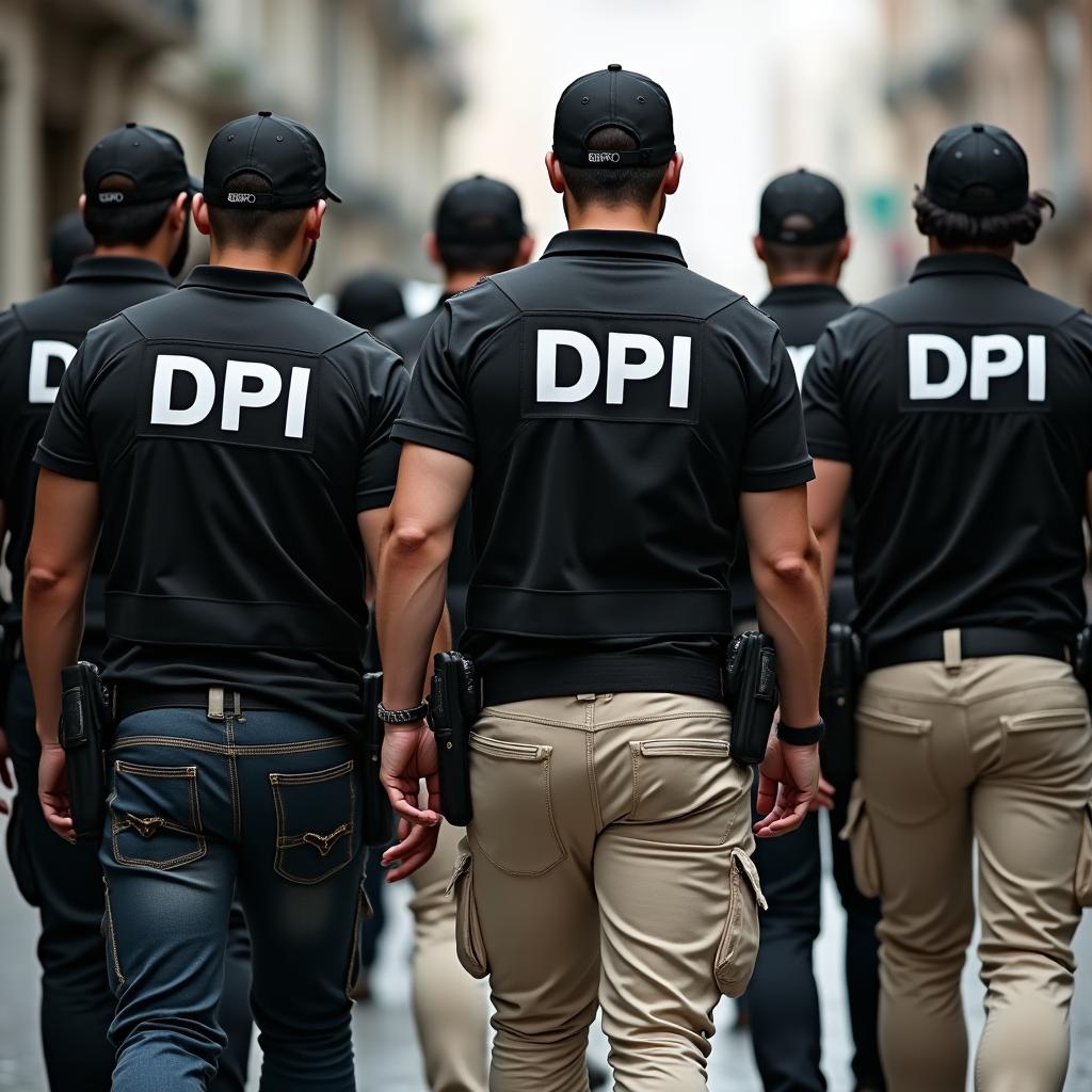 A group of investigators dressed in black investigation vests prominently featuring the letters 'DPI' and 'Departamento Privado de Investigação' in bold white lettering on the back