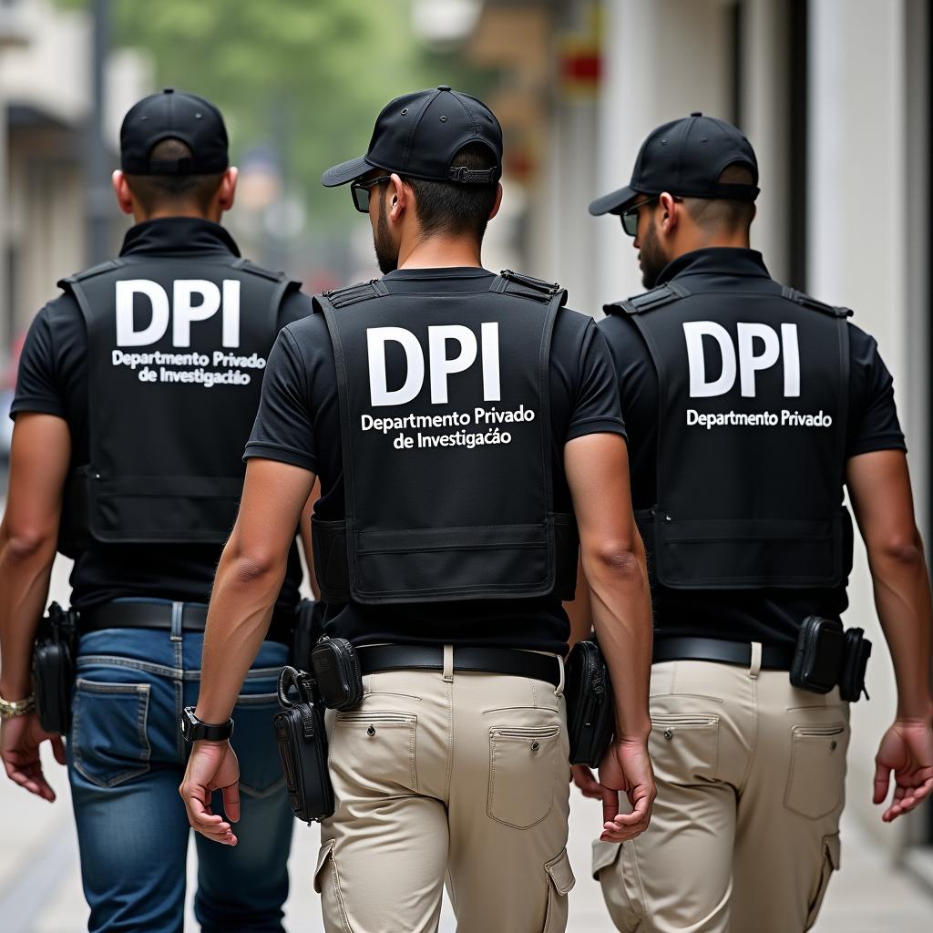 Three investigation agents dressed in black investigation vests showcasing 'DPI' in bold white letters on the back, with the phrase 'Departamento Privado de Investigação' written in smaller white letters underneath