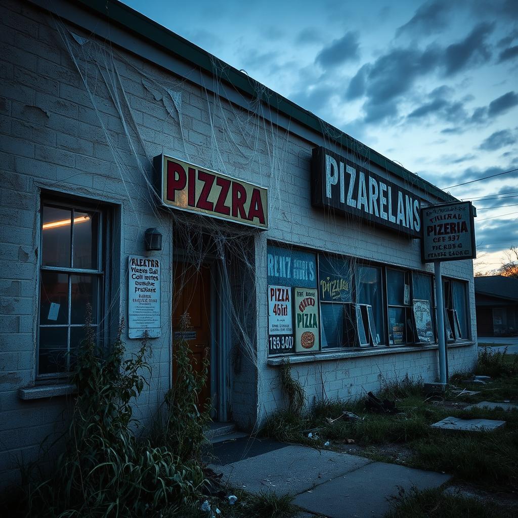 An abandoned pizzeria exterior, showcasing a weathered building with peeling paint and broken windows