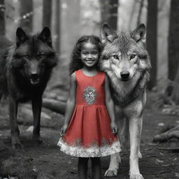 A detailed black and white image of a fierce wolf, contrasted by a small Melanesian girl in a vibrant red dress smiling sweetly in an enchanting forest scene.