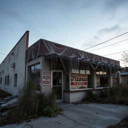 An abandoned pizzeria exterior, showcasing a weathered building with peeling paint and broken windows