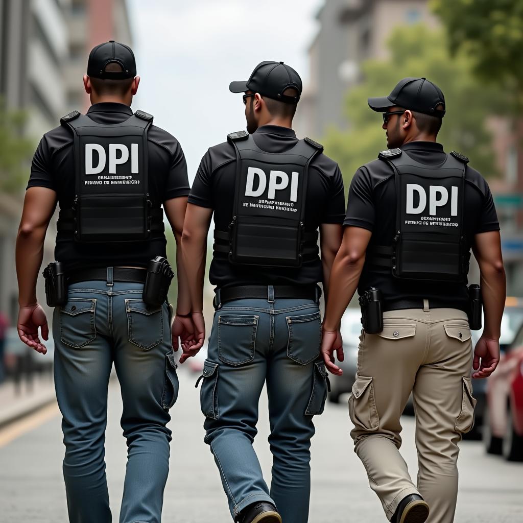 Three agents dressed in black investigation-style vests featuring the text 'DPI' prominently displayed on the back, with smaller white lettering underneath that reads 'Departamento Privado de Investigação'