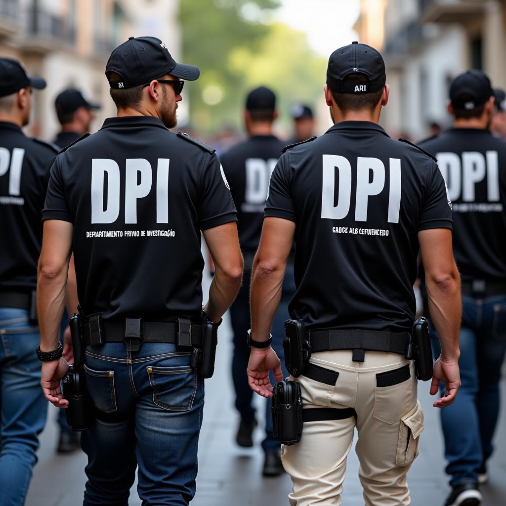 A group of investigation agents dressed in black investigation-style vests featuring the acronym 'DPI' in bold white letters on the back, along with the smaller text 'Departamento Privado de Investigação'