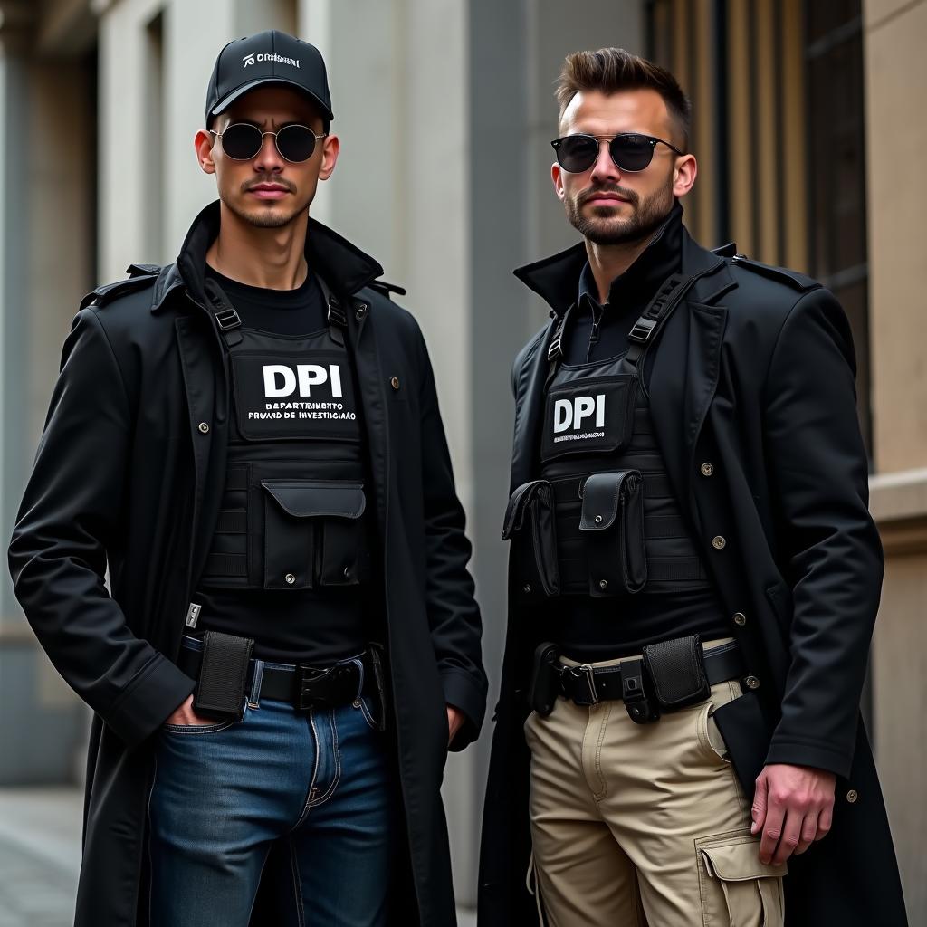 Two special agents dressed in black coats and black investigative vests labeled 'DPI' on the front and featuring 'Departamento Privado de Investigação' in small white letters on the back