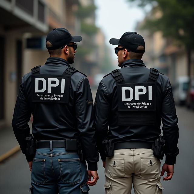 Two special agents dressed in black jackets with black investigator vests layered over them, marked 'DPI' in bold white letters on the back, along with 'Departamento Privado de Investigação' in smaller white text