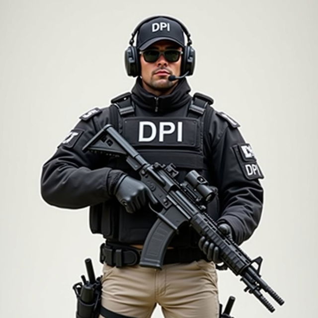 A soldier wearing a black cap with 'DPI' in white letters, sporting sunglasses and an intercom device