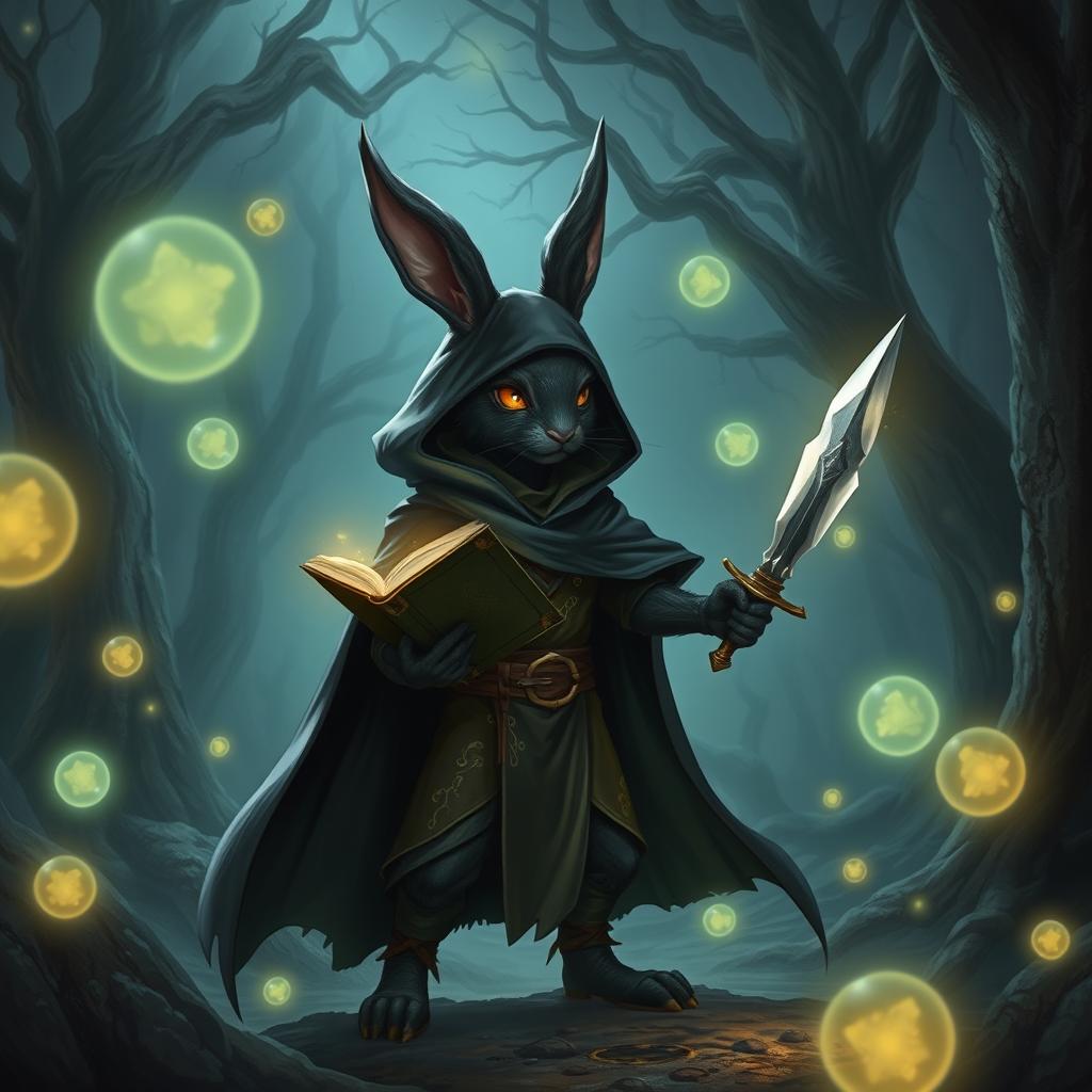 A mystical scene featuring a black furred harengon (rabbit-like humanoid) spellthief character in an enchanted forest at night