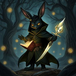 A mystical scene featuring a black furred harengon (rabbit-like humanoid) spellthief character in an enchanted forest at night