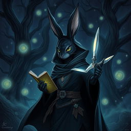 A mystical scene featuring a black furred harengon (rabbit-like humanoid) spellthief character in an enchanted forest at night