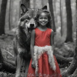 A detailed black and white image of a fierce wolf, contrasted by a small Melanesian girl in a vibrant red dress smiling sweetly in an enchanting forest scene.