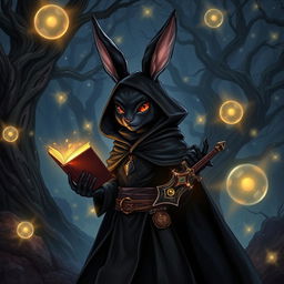 A mystical scene featuring a black furred harengon (rabbit-like humanoid) spellthief character in an enchanted forest at night