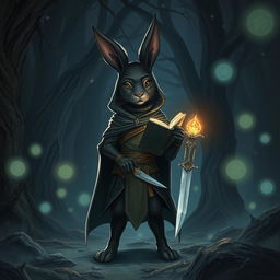 A mystical scene featuring a medium-sized black furred harengon (rabbit-like humanoid) spellthief character in an enchanted forest at night