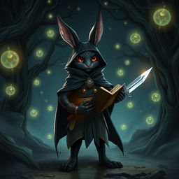 A mystical scene featuring a medium-sized black furred harengon (rabbit-like humanoid) spellthief character in an enchanted forest at night