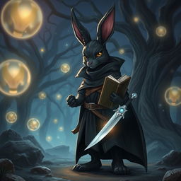 A mystical scene featuring a medium-sized black furred harengon (rabbit-like humanoid) spellthief character in an enchanted forest at night