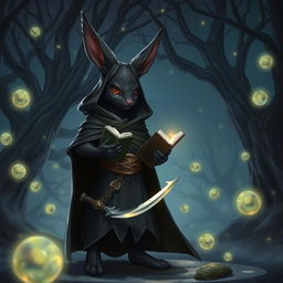 A mystical scene featuring a medium-sized black furred harengon (rabbit-like humanoid) spellthief character in an enchanted forest at night