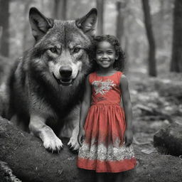 A detailed black and white image of a fierce wolf, contrasted by a small Melanesian girl in a vibrant red dress smiling sweetly in an enchanting forest scene.