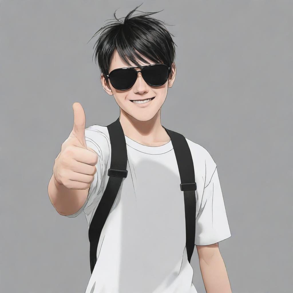 A cool anime boy with sunglasses giving a thumbs-up gesture, set against a black and white background.