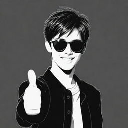 A cool anime boy with sunglasses giving a thumbs-up gesture, set against a black and white background.