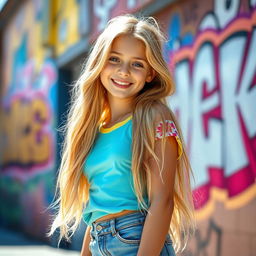 A stylish portrait of a blonde teenage girl with long hair and a bright, cheerful expression