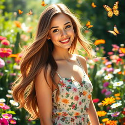 A beautiful young woman with long flowing hair, wearing a stylish summer dress, standing in a sunlit garden filled with colorful flowers