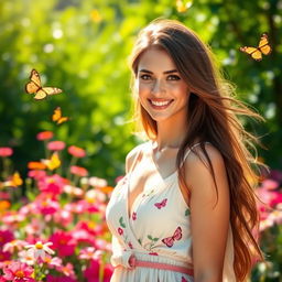 A beautiful young woman with long flowing hair, wearing a stylish summer dress, standing in a sunlit garden filled with colorful flowers