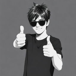 A cool anime boy with sunglasses giving a thumbs-up gesture, set against a black and white background.