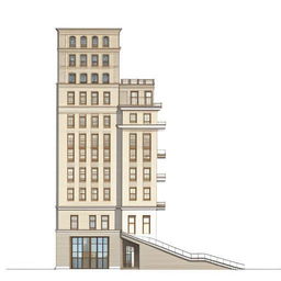 A west-facing front elevation design of a building that is 22 feet wide and 40 feet tall, with a staircase on the right side.